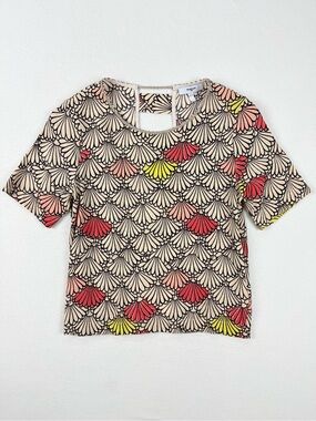 Suncoo Paris Scallop Shell Print Open Back Top French Girl Blouse Pink Yellow